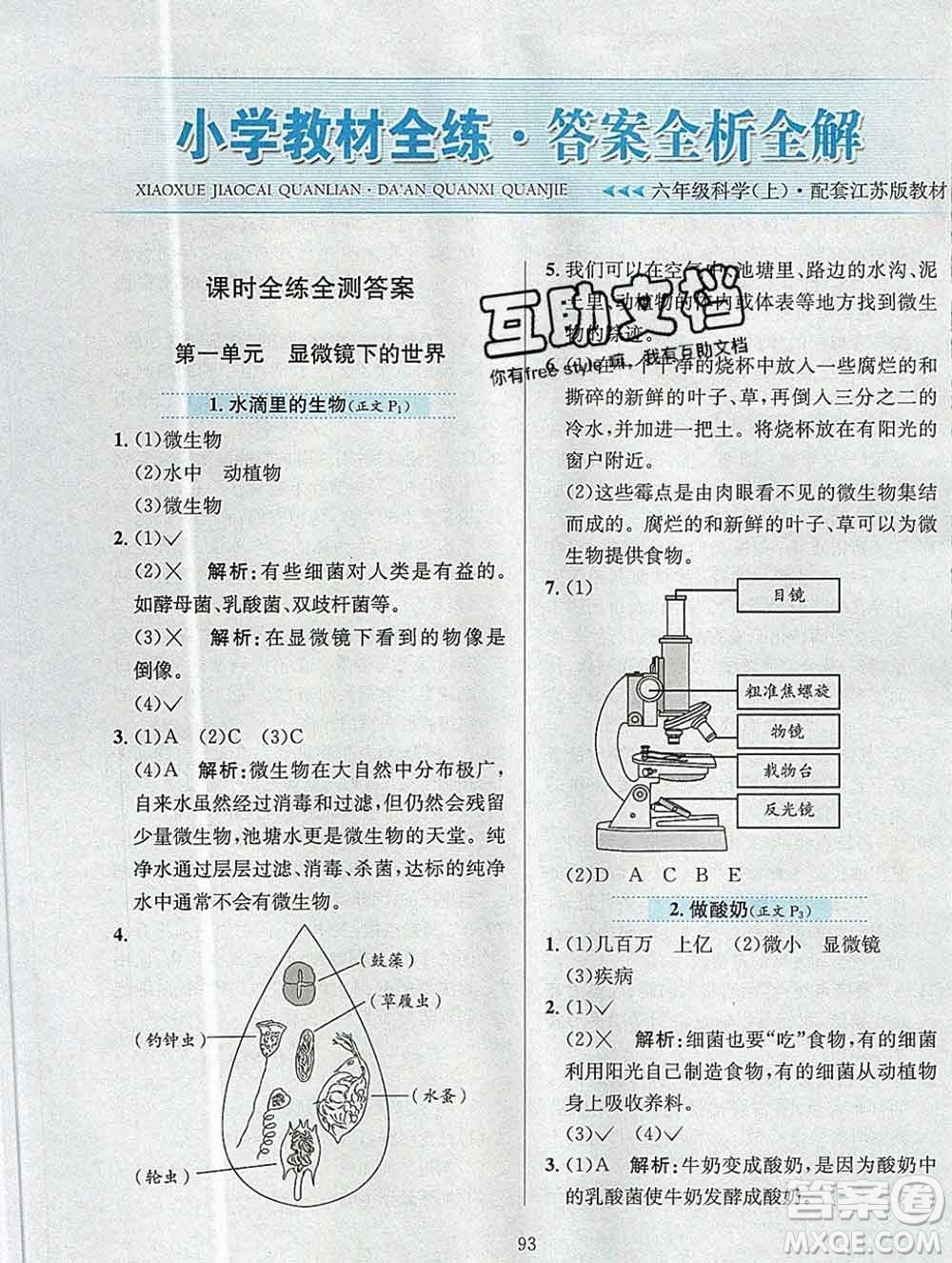 陜西人民教育出版社2019年小學(xué)教材全練六年級科學(xué)上冊江蘇版答案