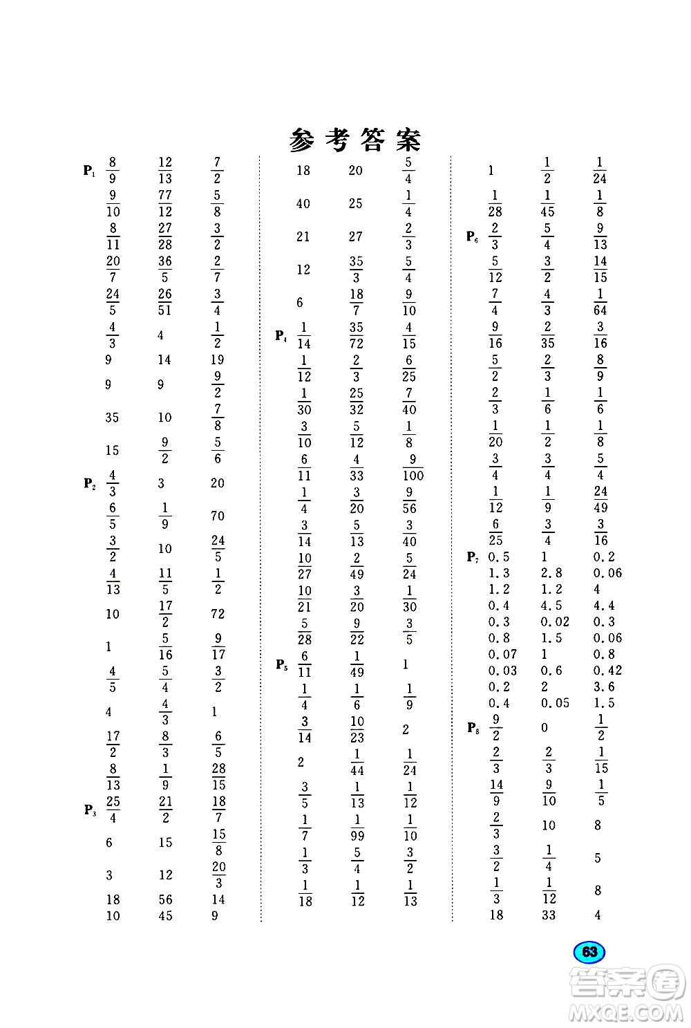 小兒郎2019年陽光同學(xué)口算題數(shù)學(xué)RJ人教版六年級上冊參考答案