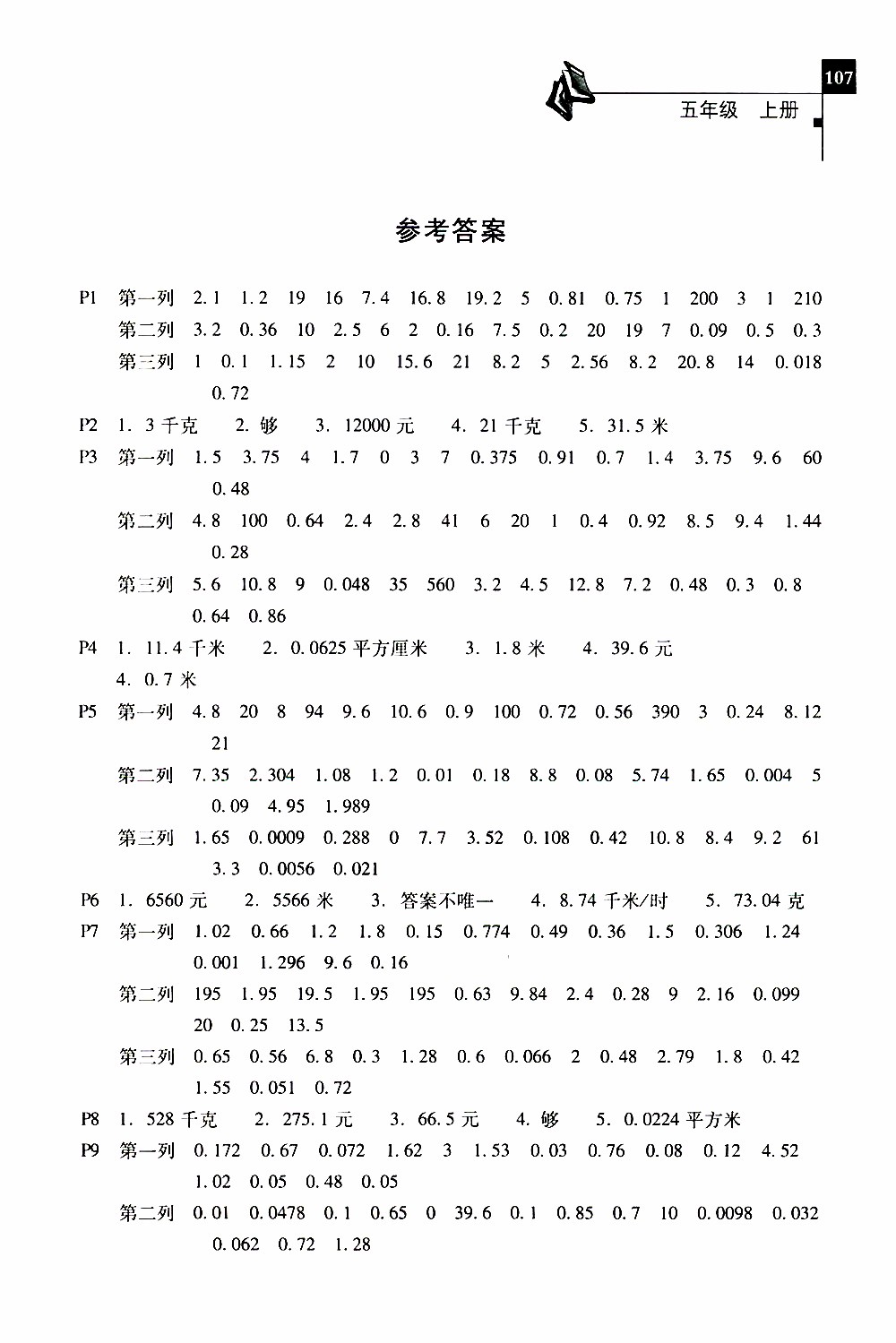 2019年一線名師口算應(yīng)用題天天練一本全五年級(jí)上冊(cè)參考答案