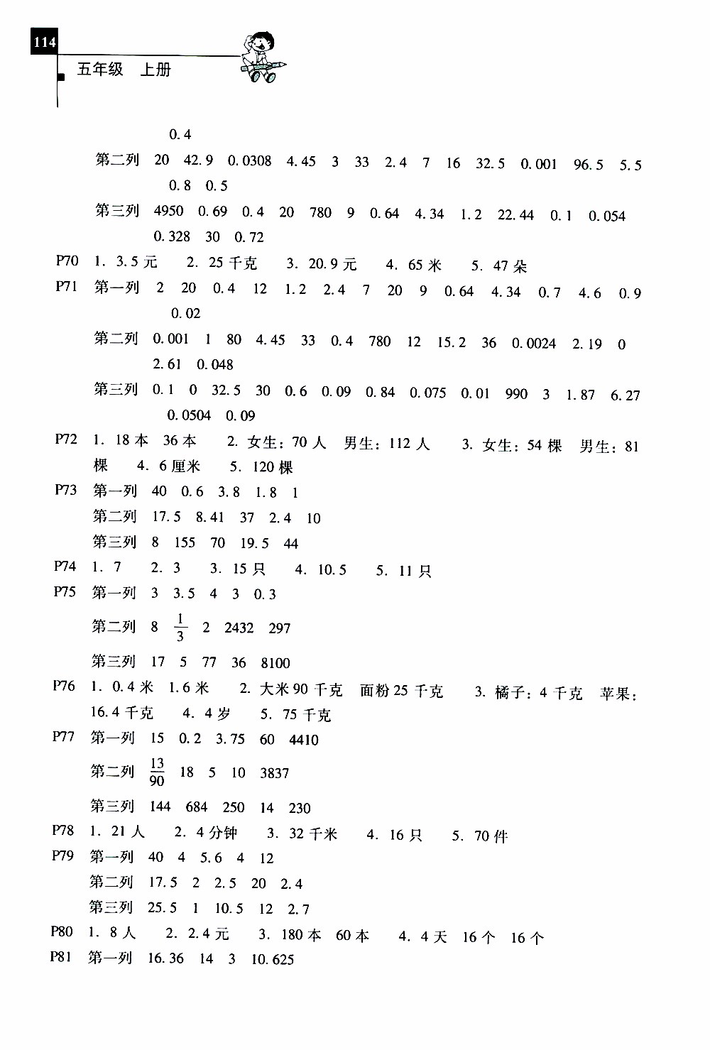 2019年一線名師口算應(yīng)用題天天練一本全五年級(jí)上冊(cè)參考答案