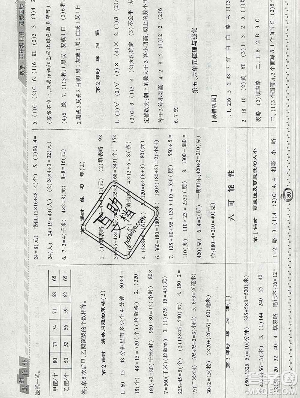 2019年秋江蘇版經綸學典課時作業(yè)四年級數(shù)學上冊答案