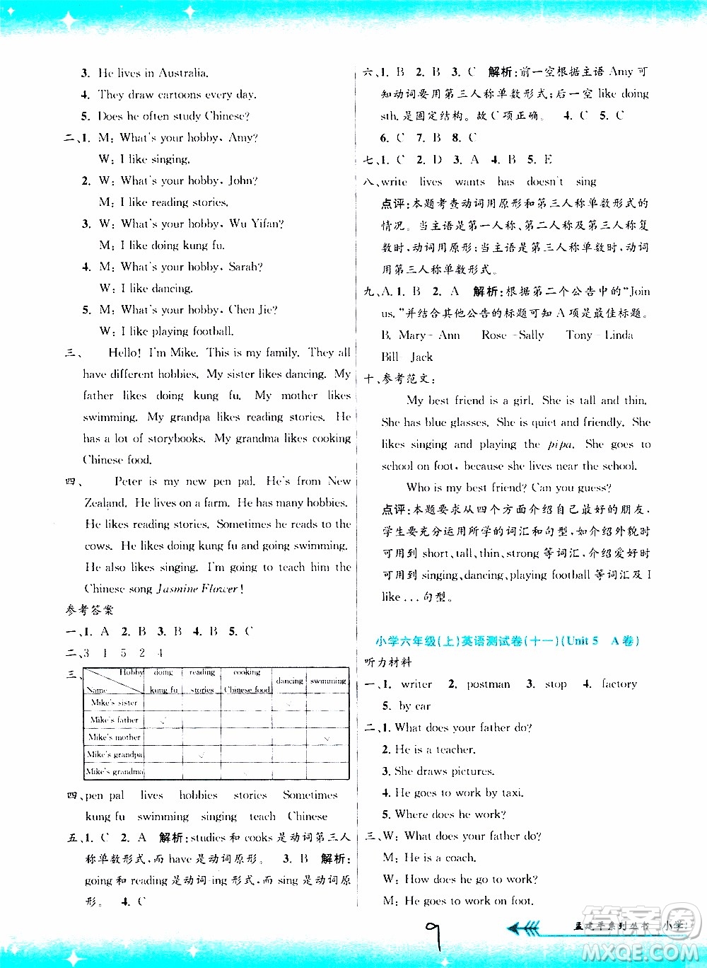 孟建平系列叢書2019年小學(xué)單元測試英語六年級上冊R人教版參考答案