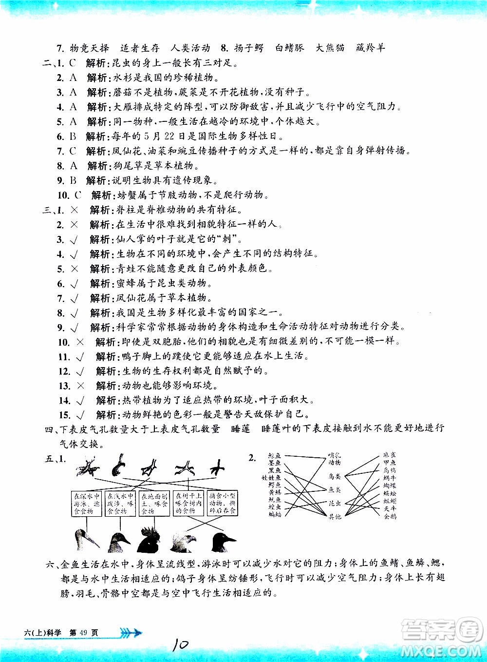 孟建平系列叢書2019年小學(xué)單元測(cè)試科學(xué)六年級(jí)上冊(cè)J教科版參考答案