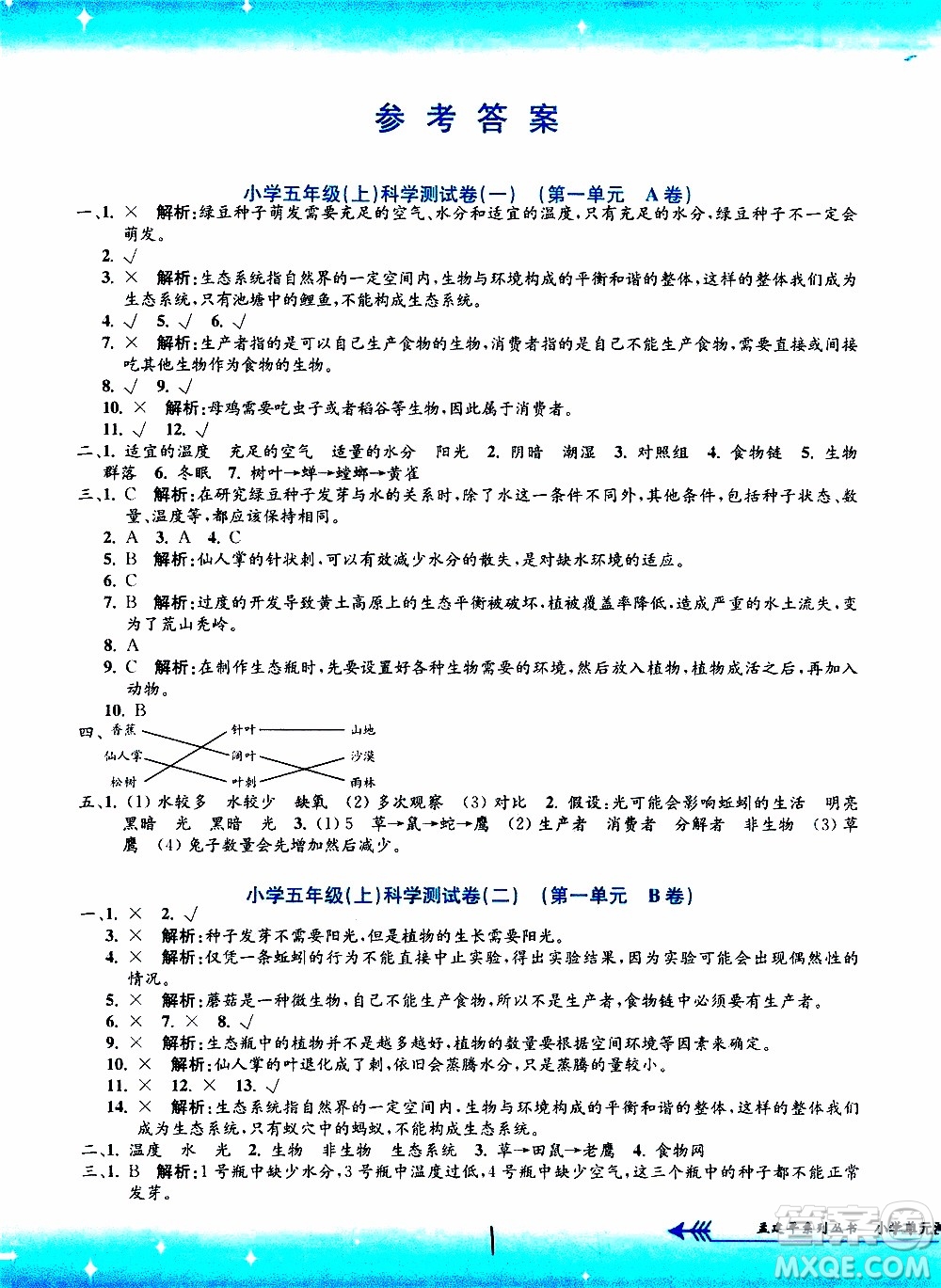 孟建平系列叢書2019年小學(xué)單元測試科學(xué)五年級上冊J教科版參考答案