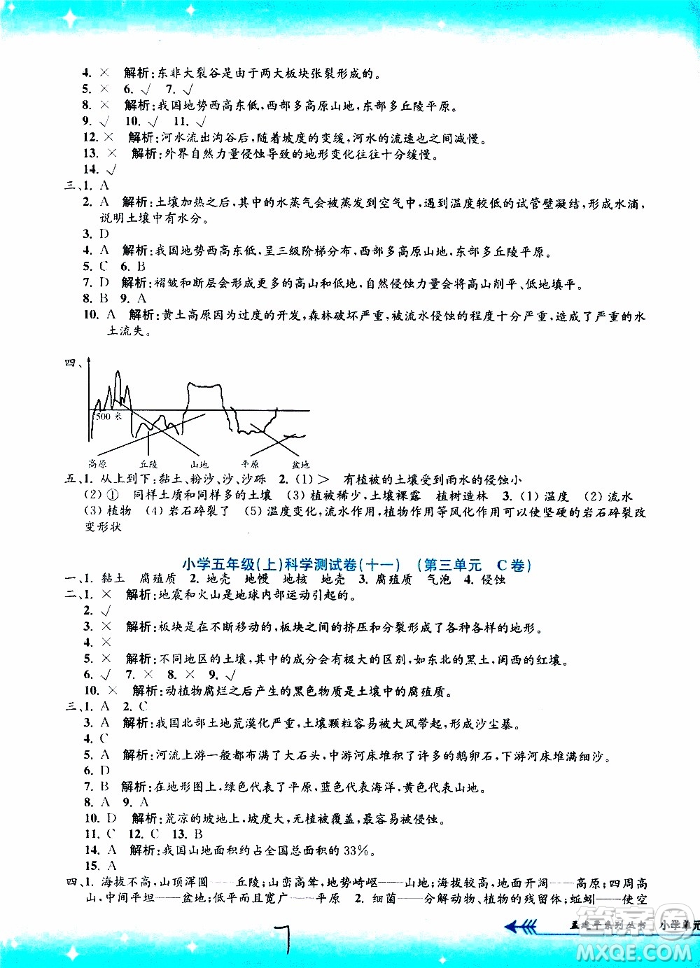 孟建平系列叢書2019年小學(xué)單元測試科學(xué)五年級上冊J教科版參考答案