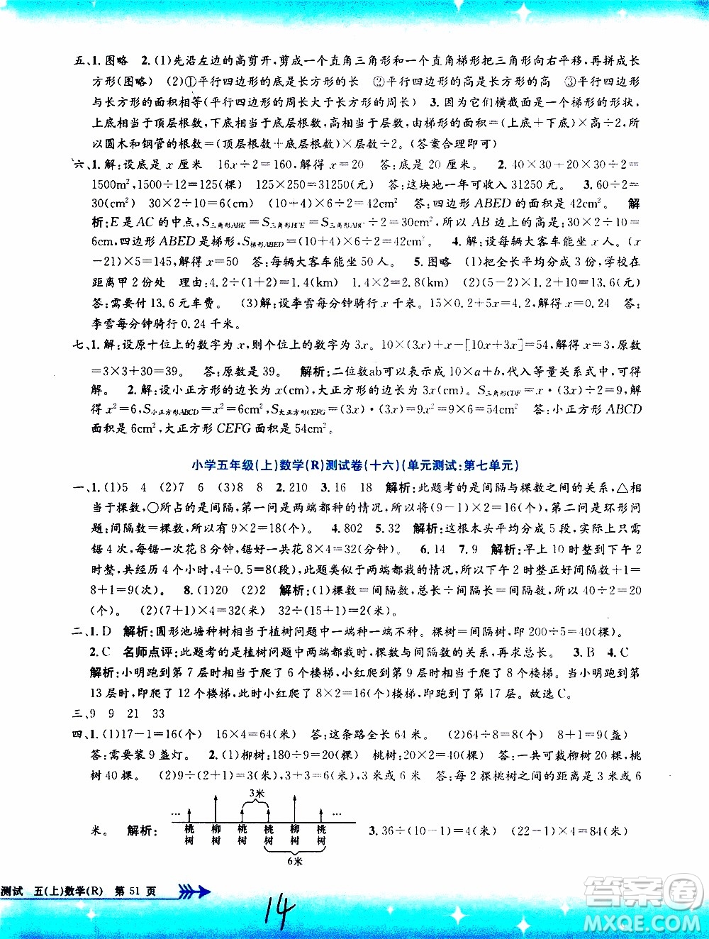 孟建平系列叢書2019年小學(xué)單元測試數(shù)學(xué)五年級上冊R人教版參考答案