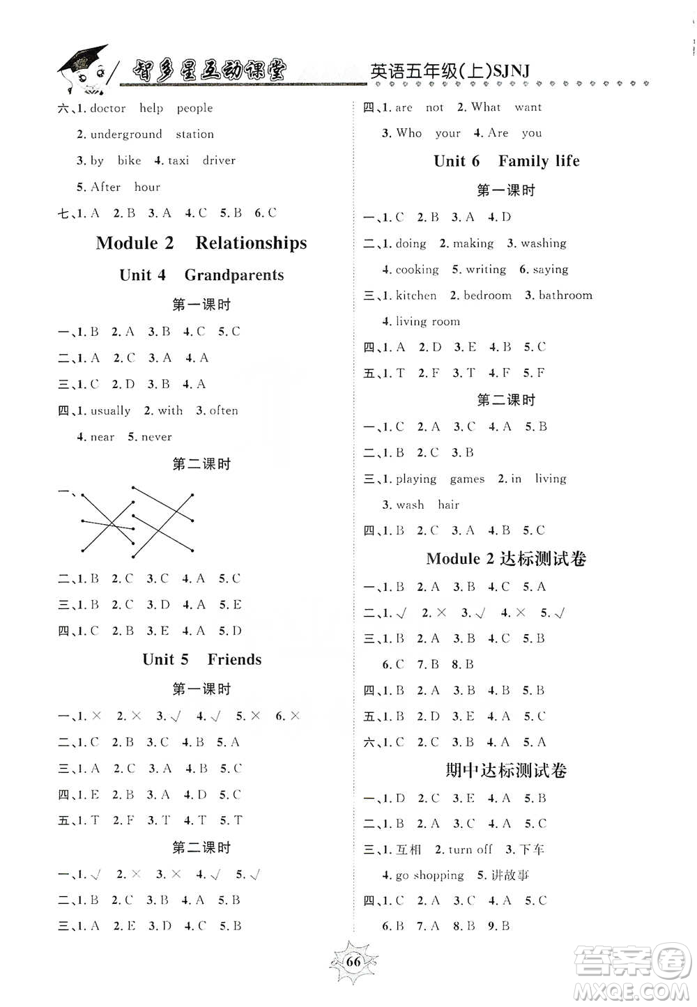 沈陽出版社2019智多星互動(dòng)課堂五年級(jí)英語上冊(cè)SJNJ版答案