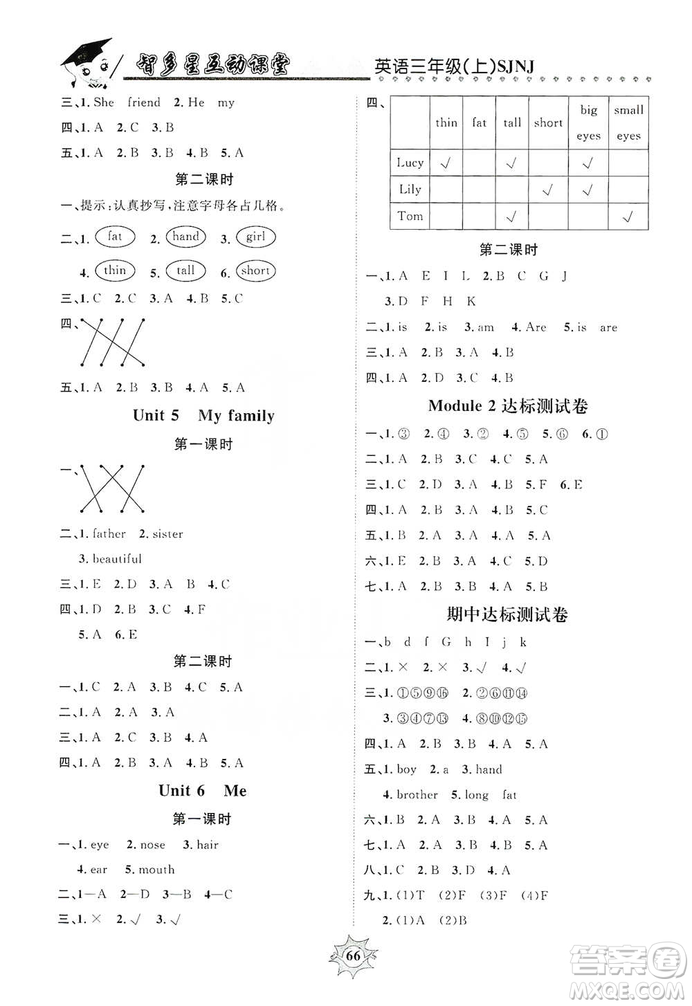 沈陽出版社2019智多星互動課堂三年級英語上冊SJNJ版答案