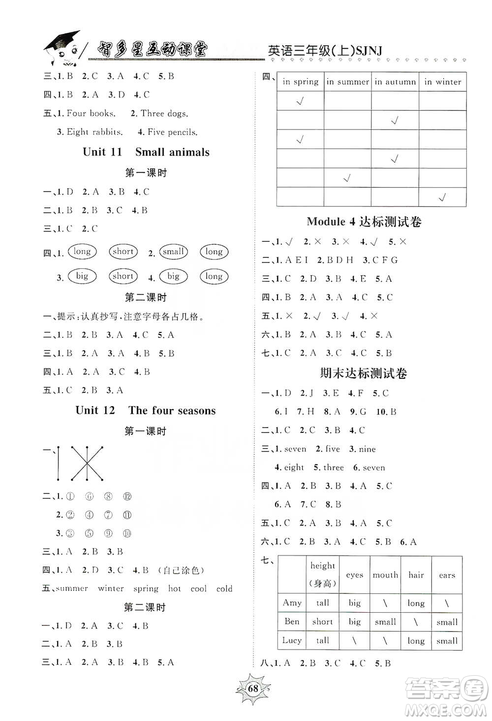 沈陽出版社2019智多星互動課堂三年級英語上冊SJNJ版答案