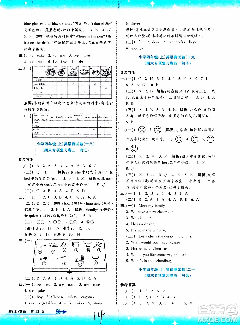 孟建平系列叢書2019年小學(xué)單元測試英語四年級上冊R人教版參考答案