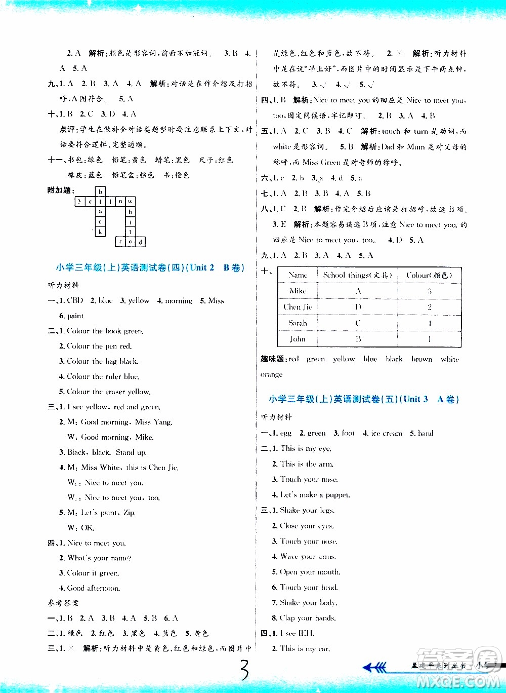 孟建平系列叢書2019年小學(xué)單元測試英語三年級上冊R人教版參考答案