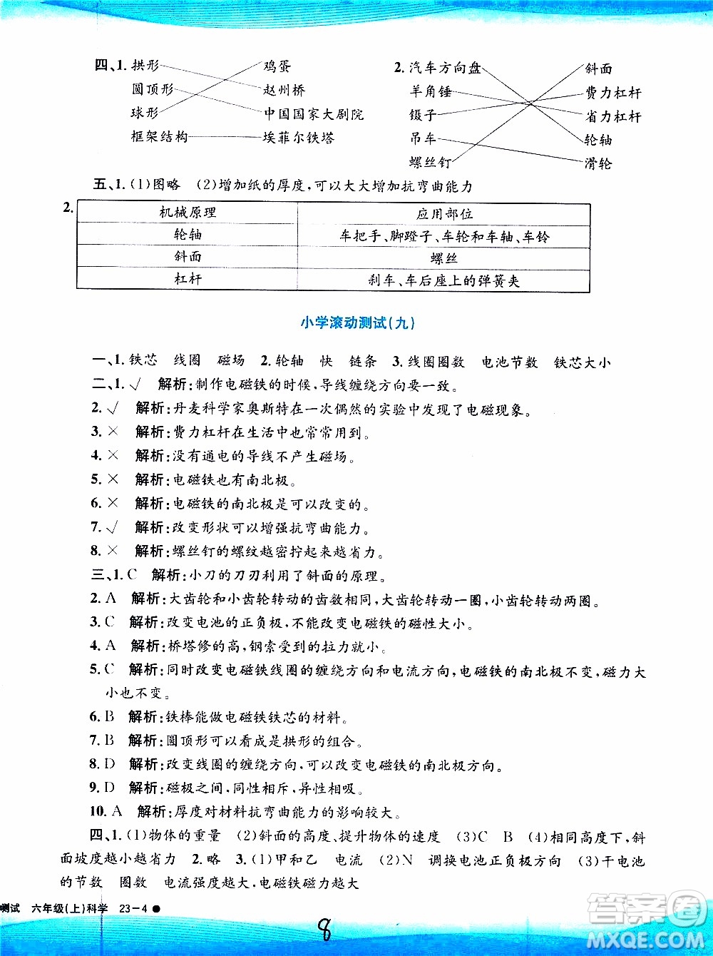 孟建平系列叢書2019年小學(xué)滾動測試科學(xué)六年級上冊J教科版參考答案