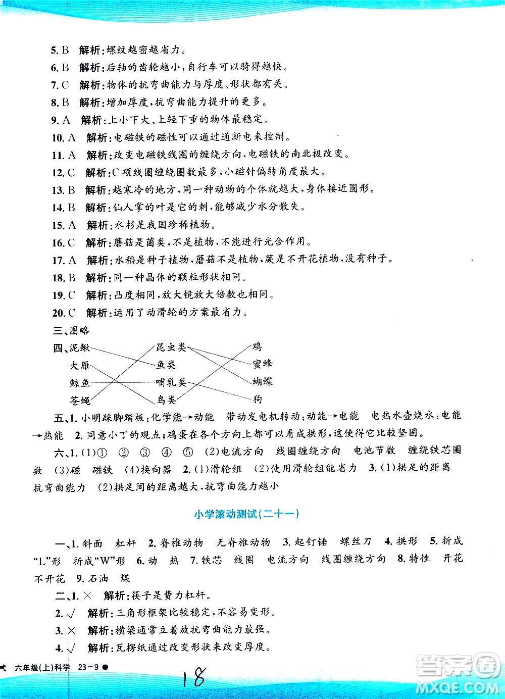 孟建平系列叢書2019年小學(xué)滾動測試科學(xué)六年級上冊J教科版參考答案