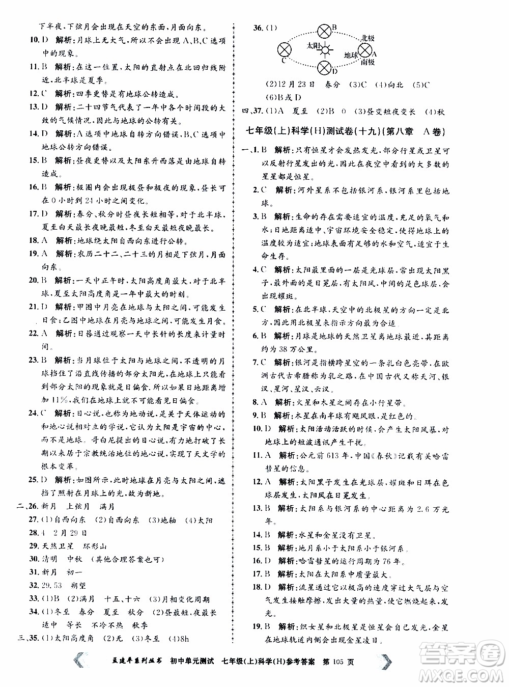 2019年孟建平系列叢書(shū)初中單元測(cè)試科學(xué)七年級(jí)上冊(cè)H滬教版參考答案