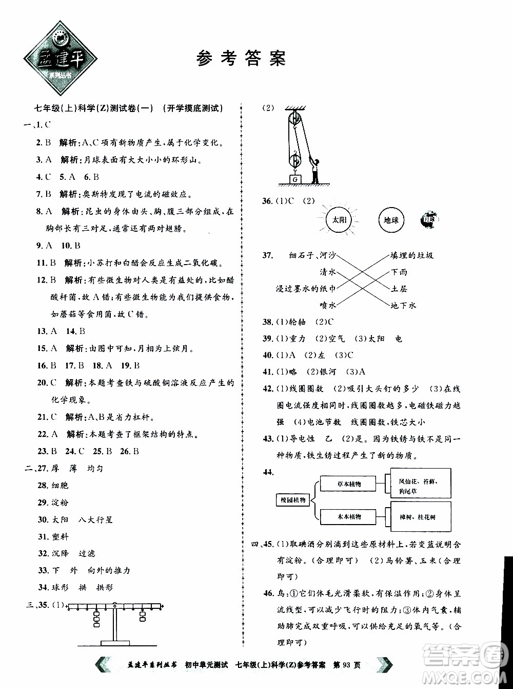 2019年孟建平系列叢書初中單元測試科學(xué)七年級上冊Z版浙教版參考答案