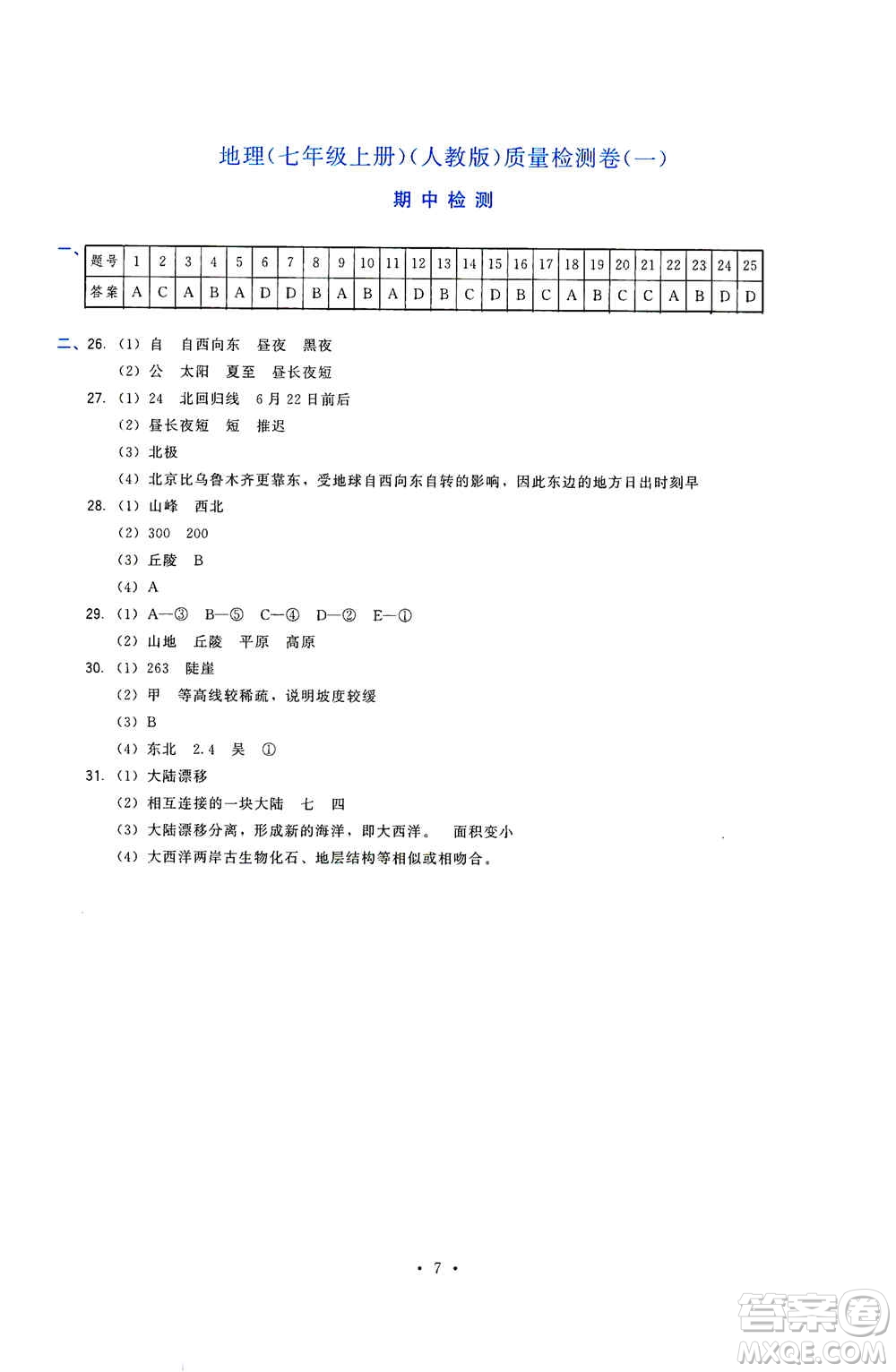 福建人民出版社2019頂尖課課練七年級地理上冊人教版答案