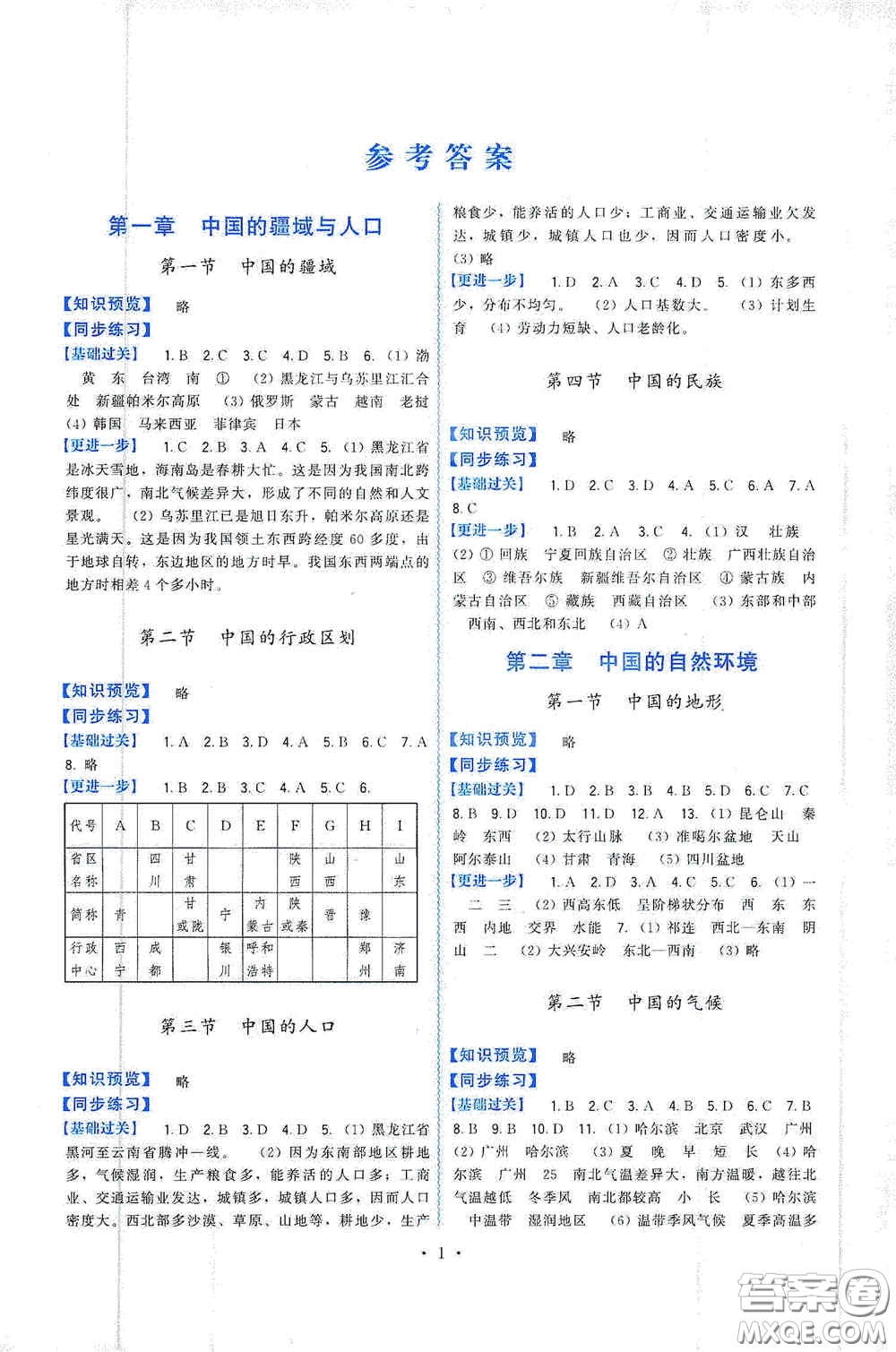 福建人民出版社2019頂尖課課練八年級地理上冊湘教版答案