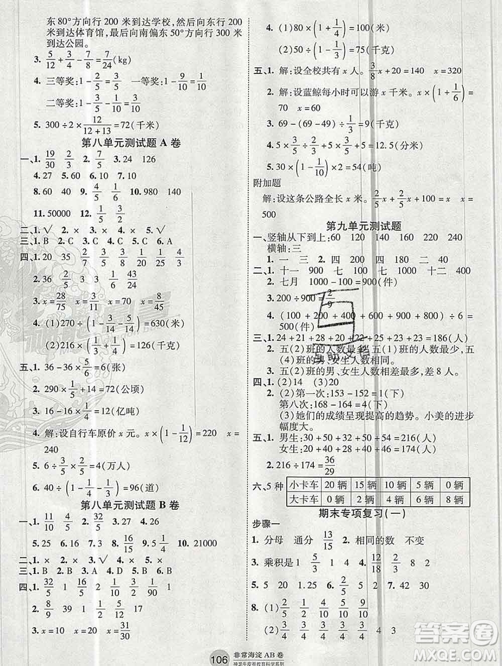 2019秋非常海淀單元測(cè)試AB卷五年級(jí)數(shù)學(xué)上冊(cè)青島版五四制答案