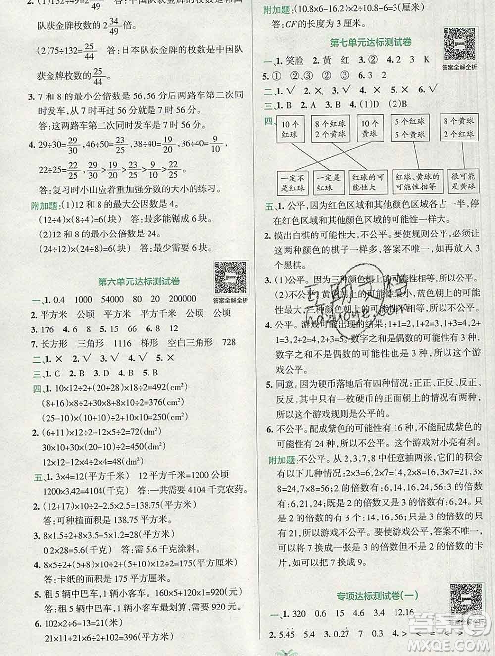 陜西師范大學(xué)出版社2019年小學(xué)學(xué)霸沖A卷五年級數(shù)學(xué)上冊北師版答案