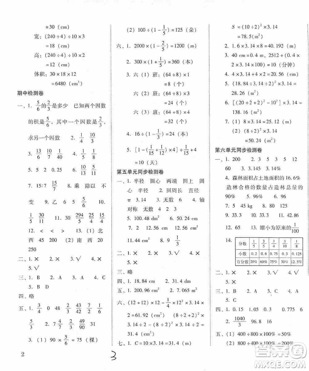 2019云南師大附小密卷六年級(jí)上冊數(shù)學(xué)答案