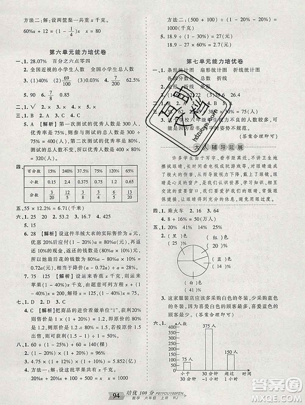 2019秋人教版王朝霞培優(yōu)100分六年級(jí)數(shù)學(xué)上冊(cè)答案