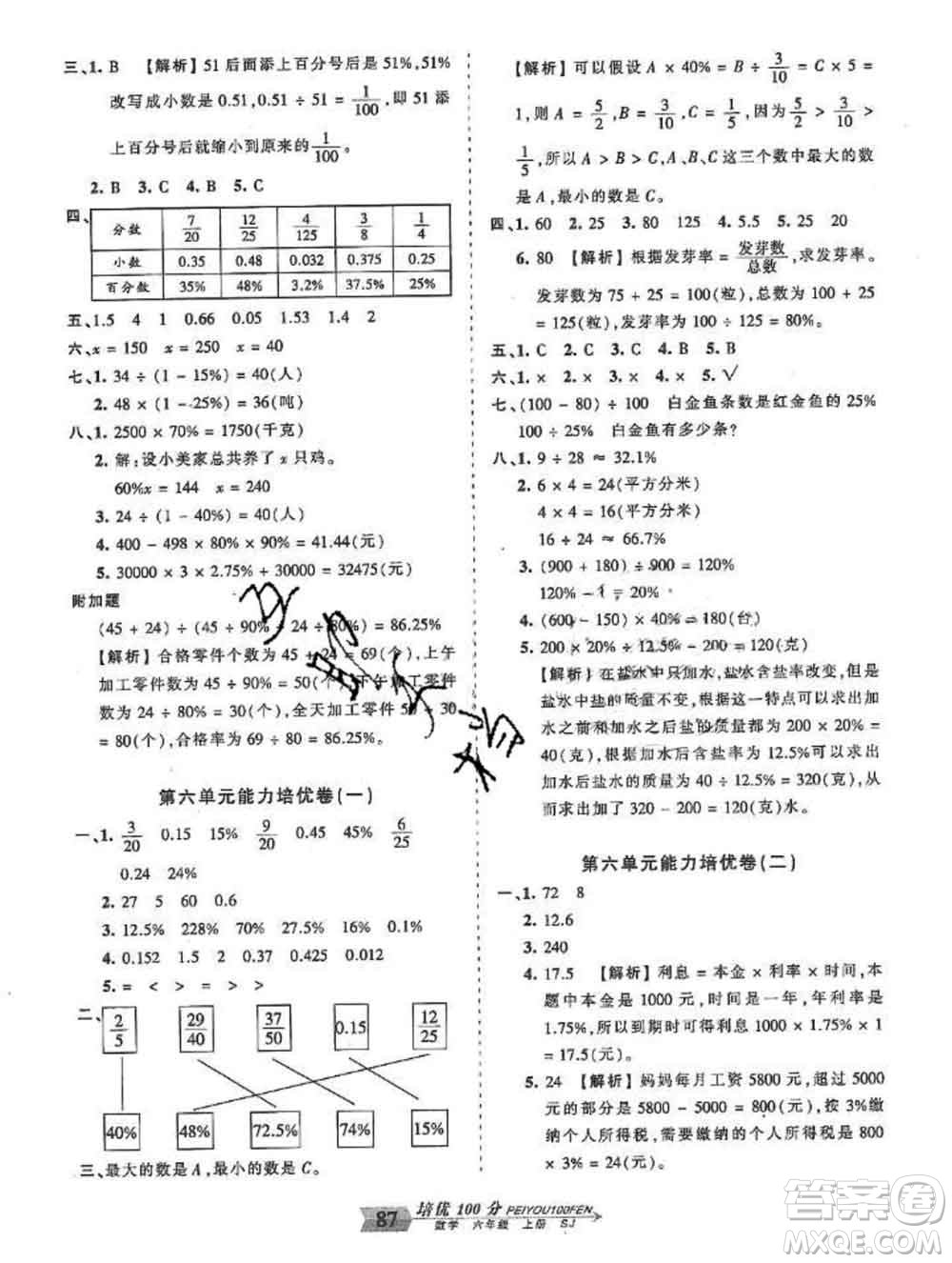 2019秋蘇教版王朝霞培優(yōu)100分六年級數(shù)學上冊答案