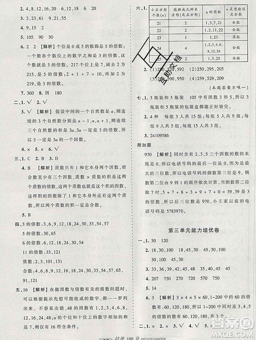 2019秋北師版王朝霞培優(yōu)100分五年級數(shù)學上冊答案