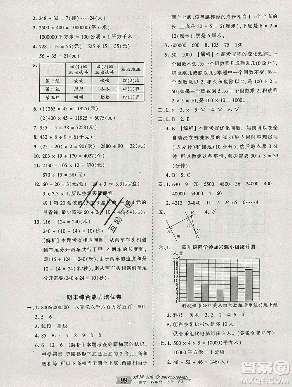 2019秋人教版王朝霞培優(yōu)100分四年級(jí)數(shù)學(xué)上冊(cè)答案