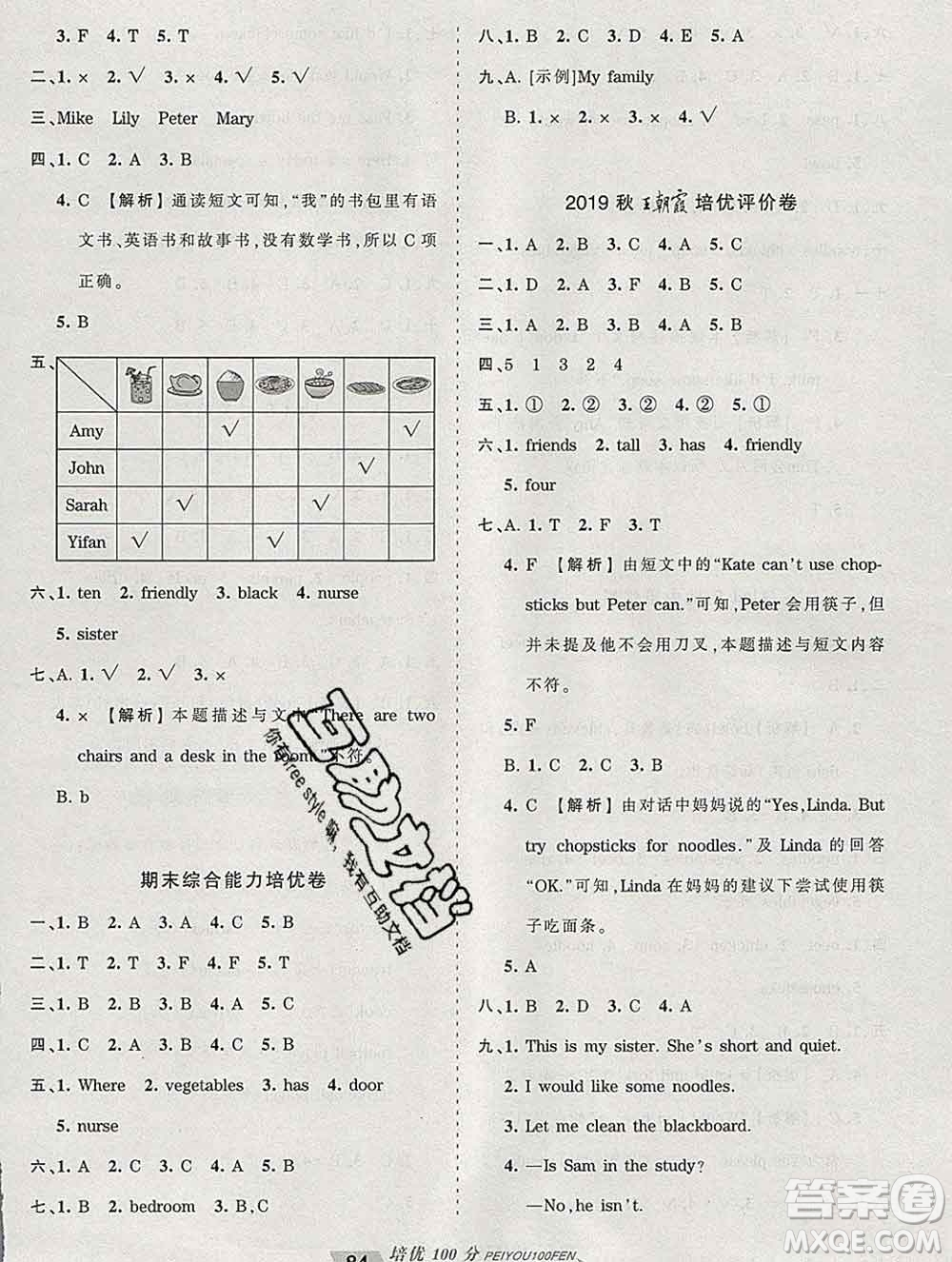 2019秋人教版王朝霞培優(yōu)100分四年級(jí)英語(yǔ)上冊(cè)答案