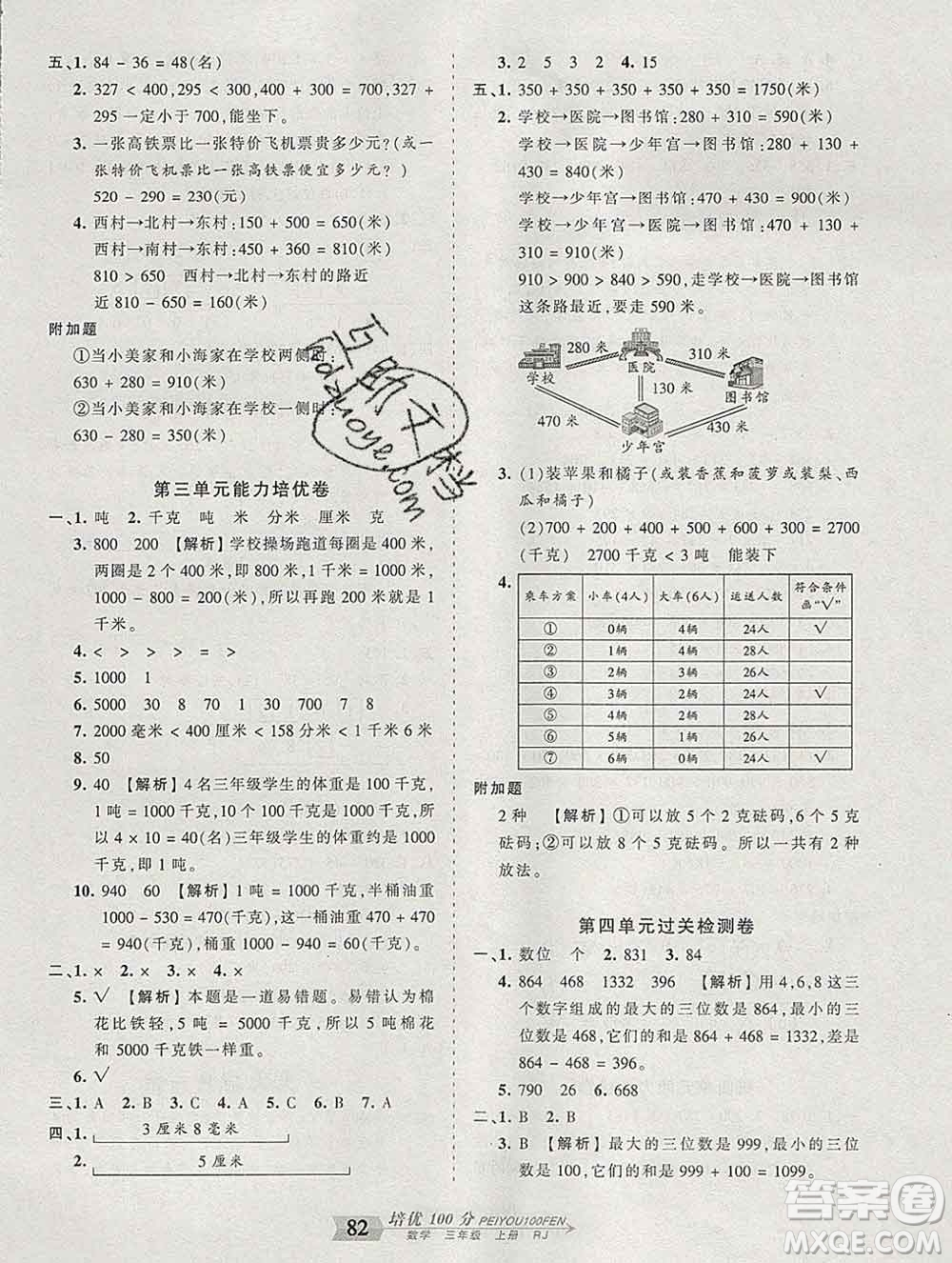 2019秋人教版王朝霞培優(yōu)100分三年級數(shù)學(xué)上冊答案