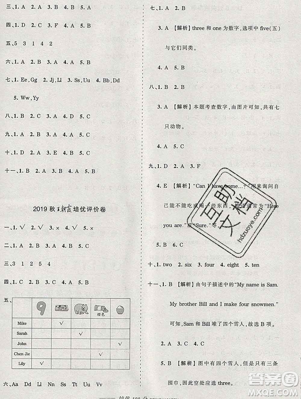 2019秋人教版王朝霞培優(yōu)100分三年級英語上冊答案