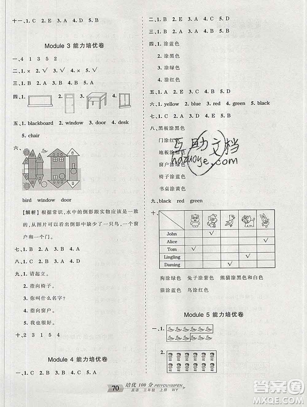 2019秋外研版王朝霞培優(yōu)100分三年級英語上冊答案