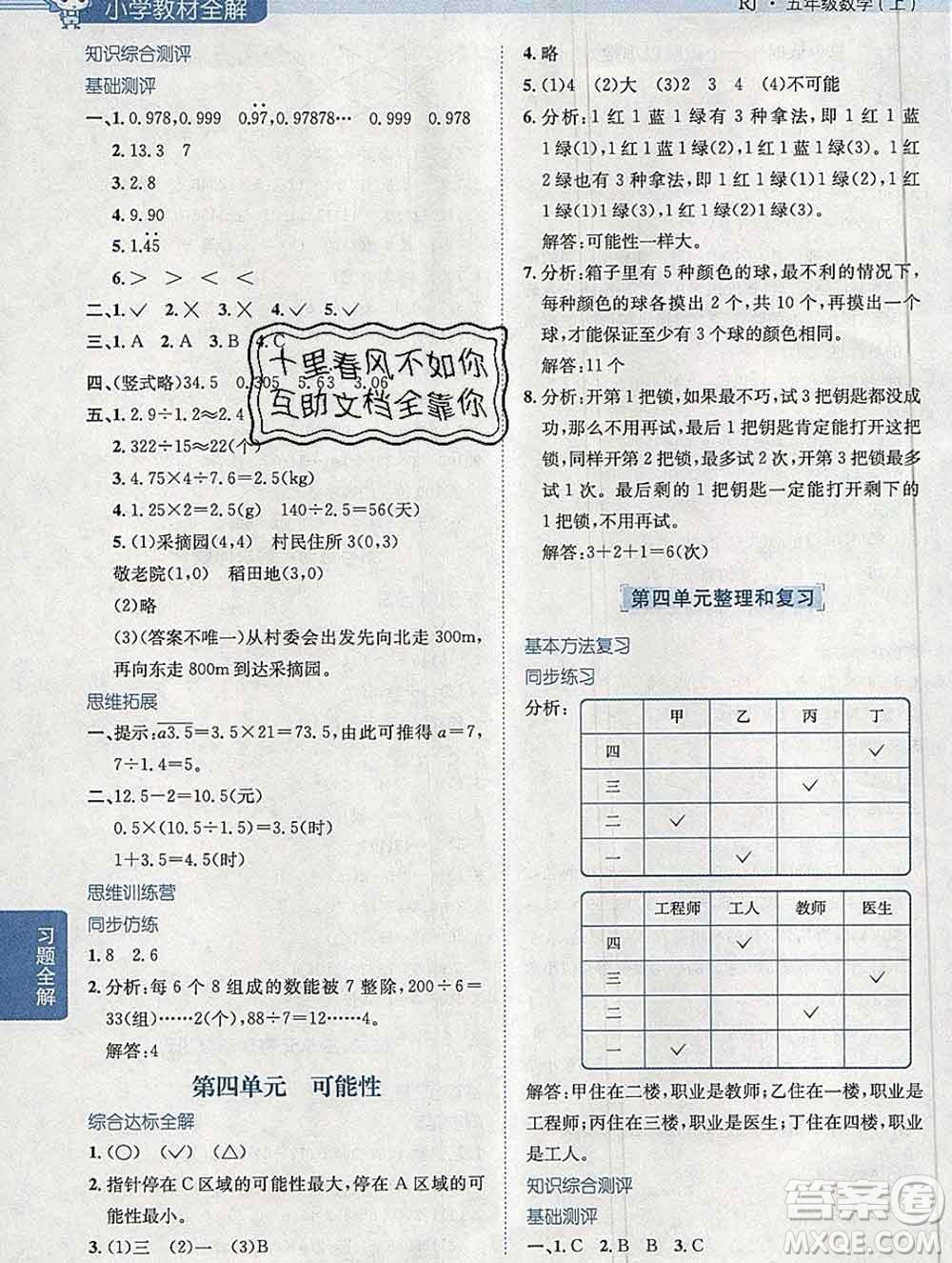 陜西人民教育出版社2019秋小學教材全解五年級數(shù)學上冊人教版答案