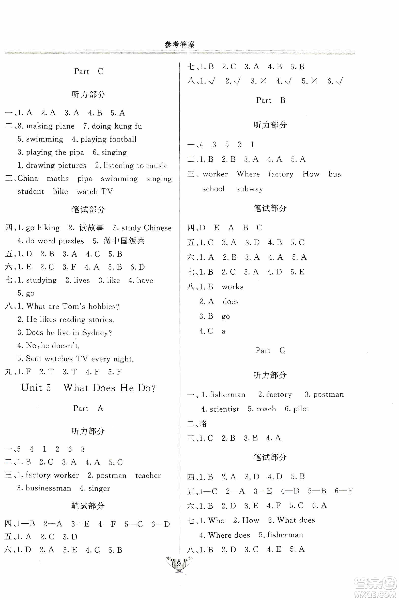 陜西人民出版社2019實(shí)驗(yàn)教材新學(xué)案六年級上冊英語PEP版答案