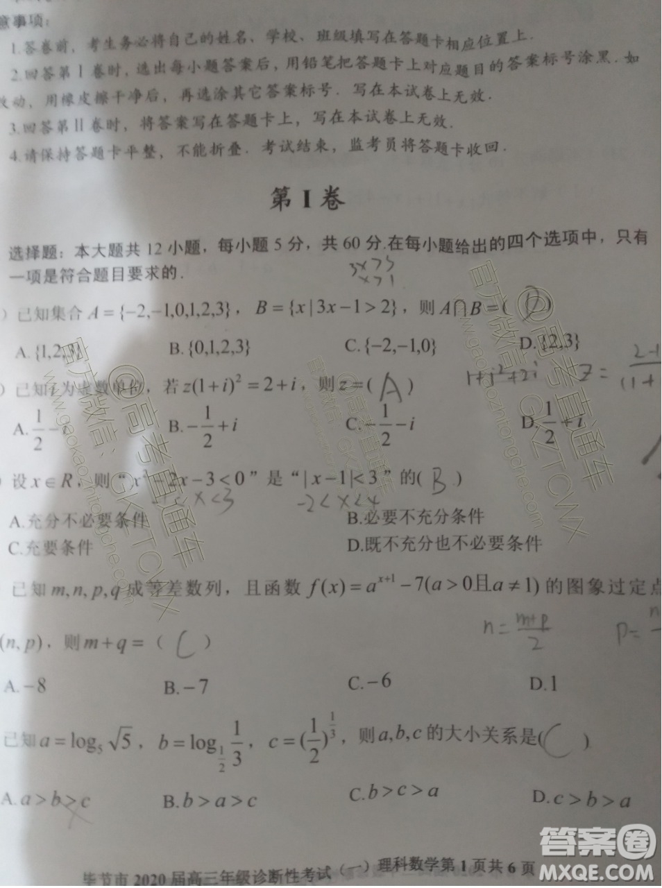 畢節(jié)市2020屆高三年級(jí)診斷性考試一理科數(shù)學(xué)試題及答案