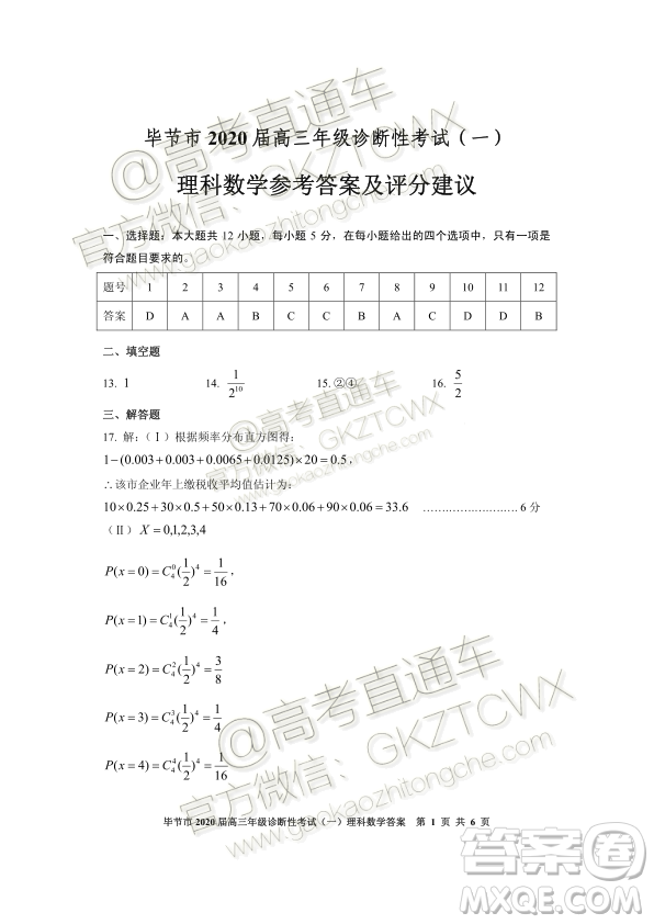 畢節(jié)市2020屆高三年級(jí)診斷性考試一理科數(shù)學(xué)試題及答案