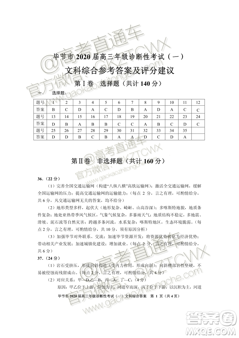 畢節(jié)市2020屆高三年級診斷性考試一文科綜合試題及答案