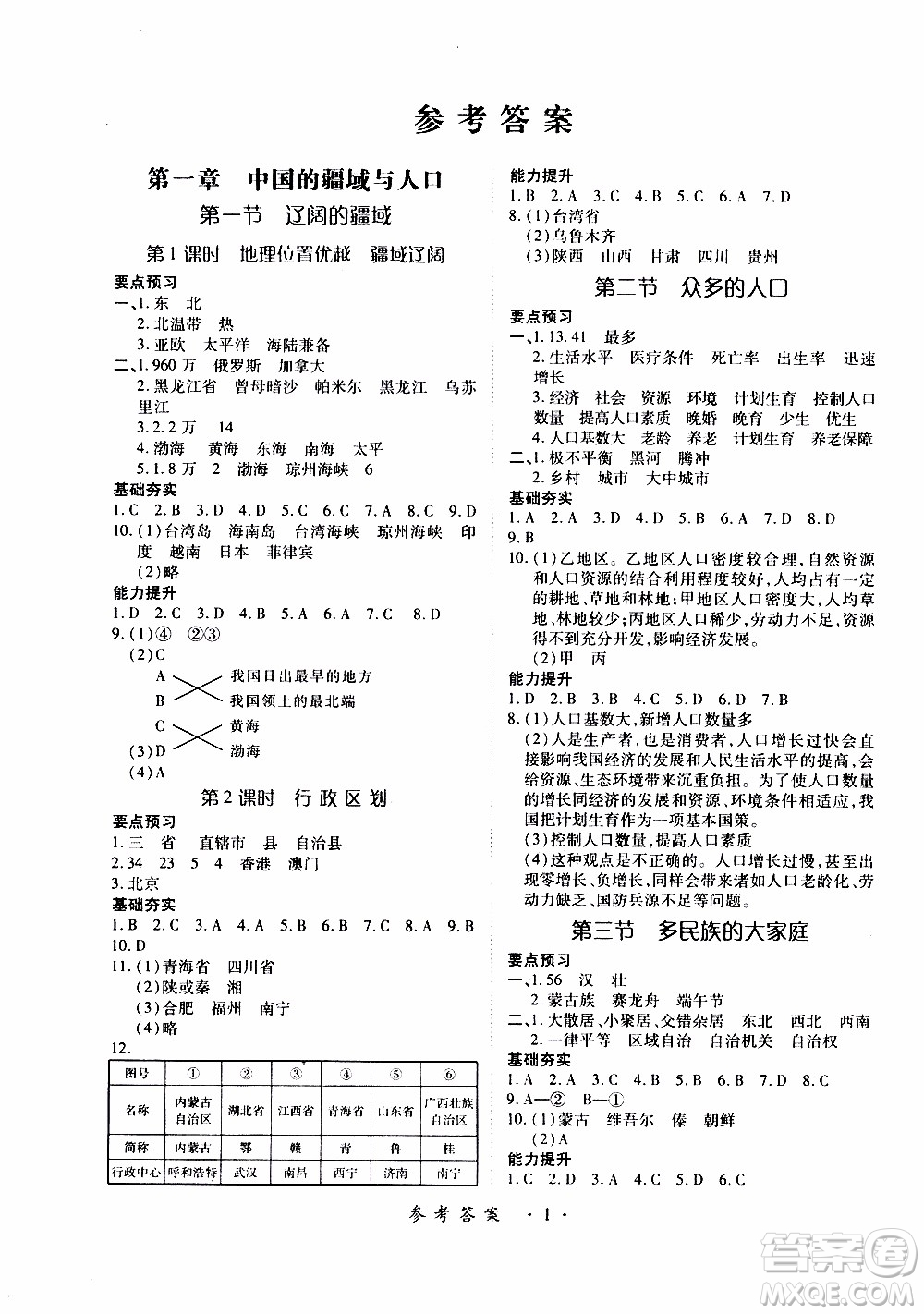 領(lǐng)航新課標2019年一課一練創(chuàng)新練習(xí)八年級上冊地理商務(wù)星球版參考答案