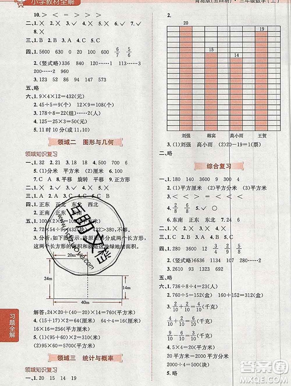 陜西人民教育出版社2019秋小學(xué)教材全解三年級(jí)數(shù)學(xué)上冊(cè)青島版五四制答案