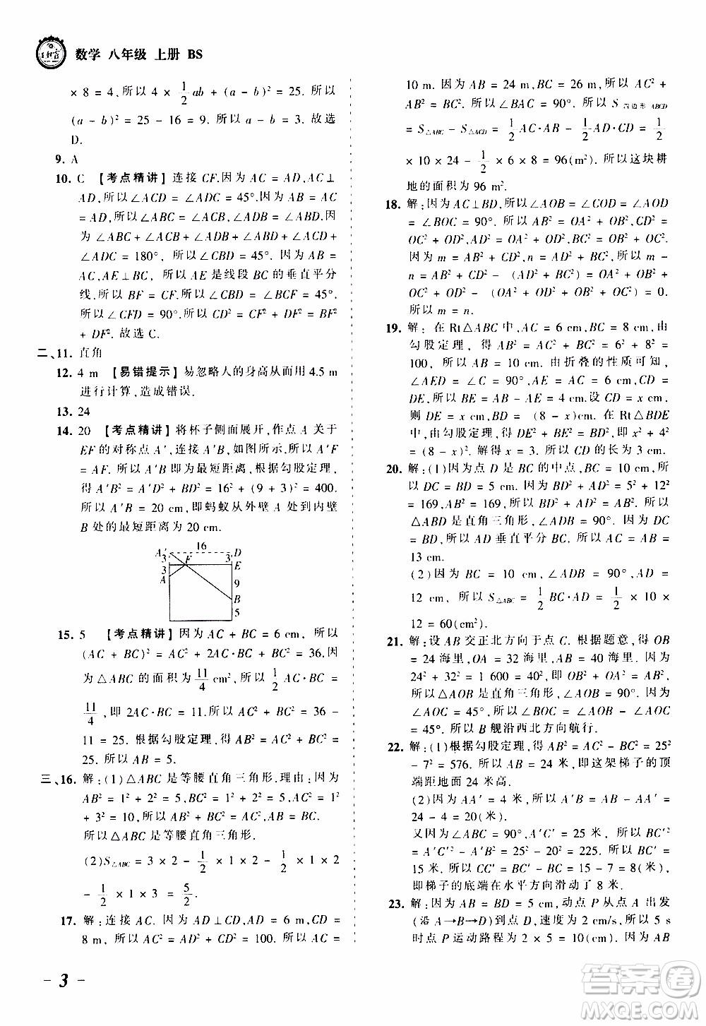 2019王朝霞考點(diǎn)梳理時(shí)習(xí)卷數(shù)學(xué)八年級(jí)上冊(cè)BS北師版參考答案