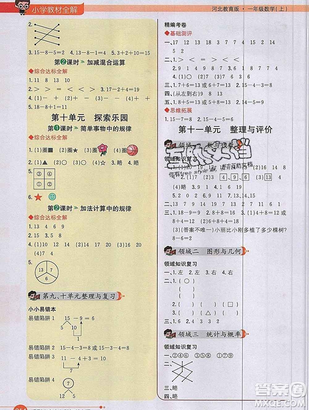 陜西人民教育出版社2019秋小學教材全解一年級數(shù)學上冊冀教版答案