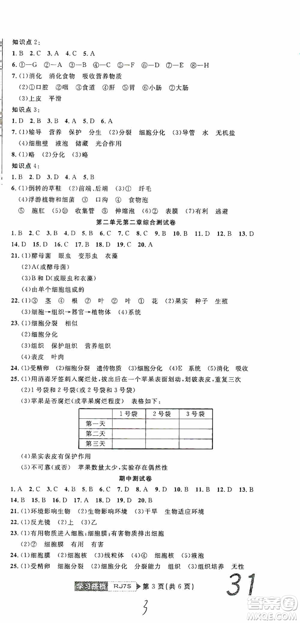 湖北教育出版社2019全優(yōu)標(biāo)準(zhǔn)卷7年級(jí)生物上冊(cè)答案