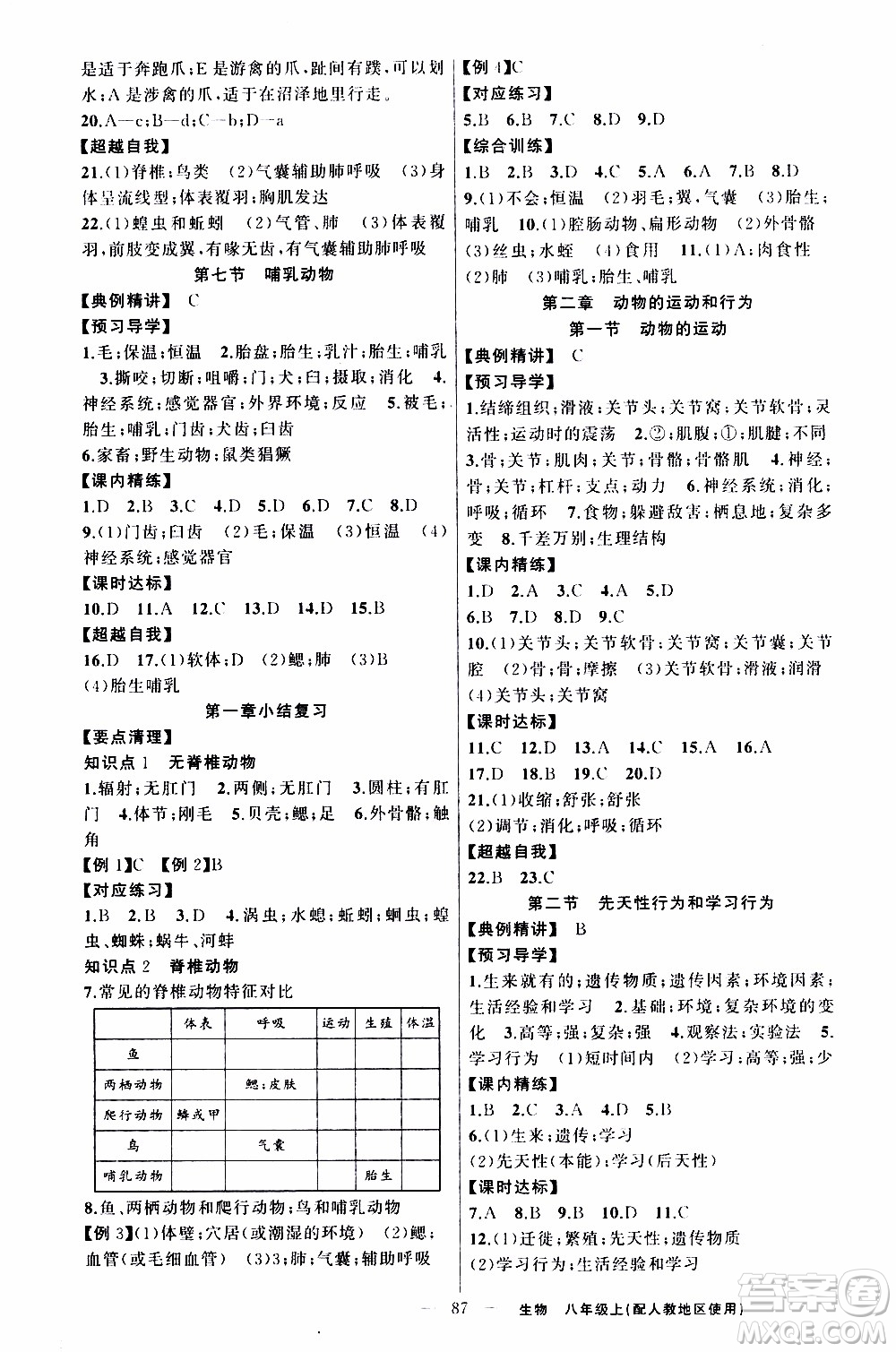 2019年黃岡金牌之路練闖考生物八年級(jí)上冊(cè)人教版參考答案