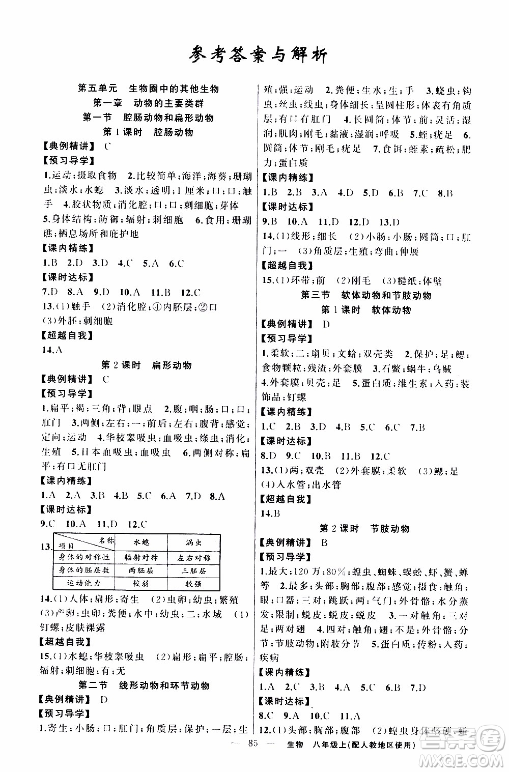 2019年黃岡金牌之路練闖考生物八年級(jí)上冊(cè)人教版參考答案