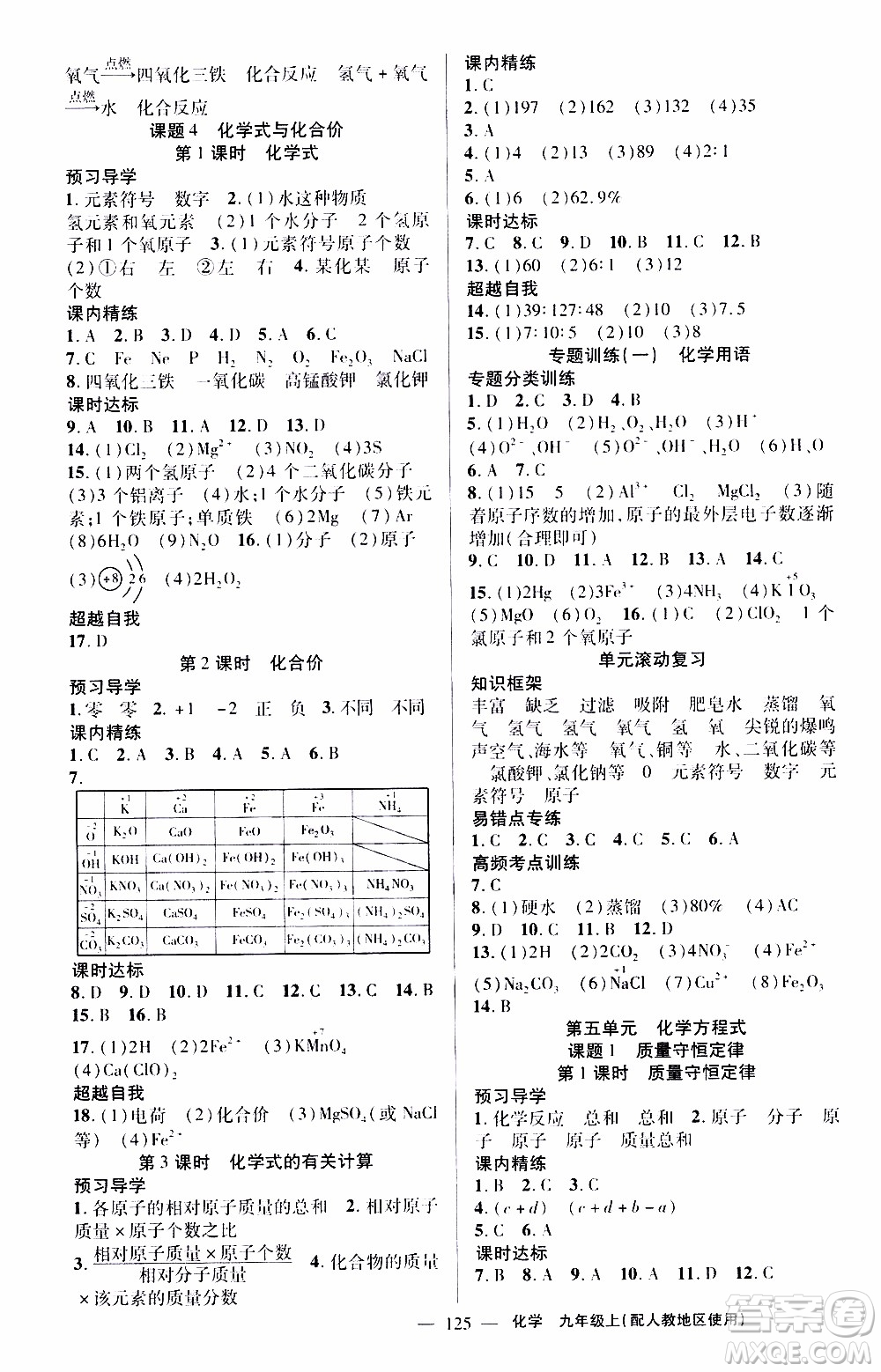 2019年黃岡金牌之路練闖考化學(xué)九年級(jí)上冊(cè)人教版參考答案