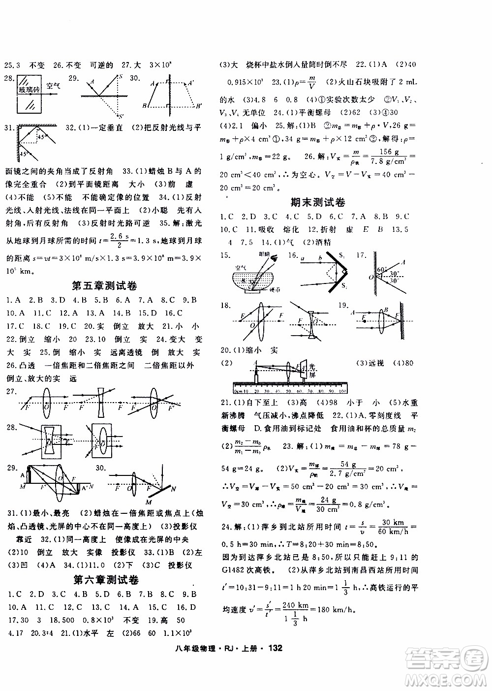 吉林教育出版社2019年名師大課堂物理八年級上冊RJ人教版參考答案