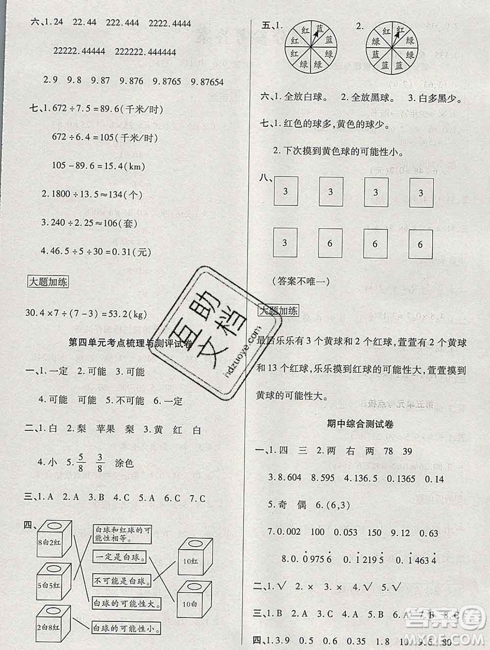 電子科技大學出版社2019秋金卷1號五年級數(shù)學上冊人教版答案