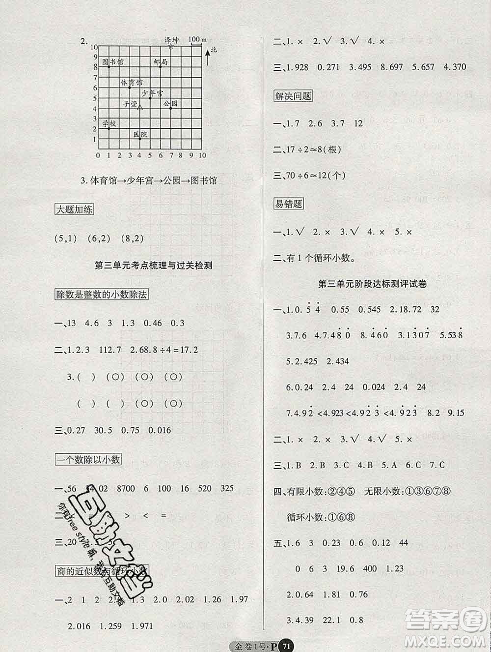 電子科技大學出版社2019秋金卷1號五年級數(shù)學上冊人教版答案