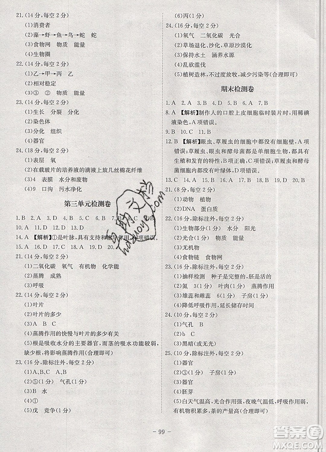 2019年名師同步課堂課時A計劃生物七年級上冊RJ人教版參考答案