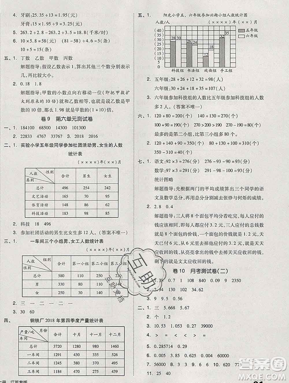 天津人民出版社2019秋新版同步跟蹤期末沖刺五年級數(shù)學上冊蘇教版答案